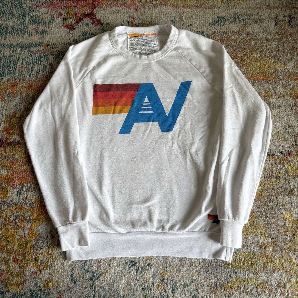 Aviator Nation Unisex Relaxed White Cotton Fleece Pullover Graphic Crew Medium